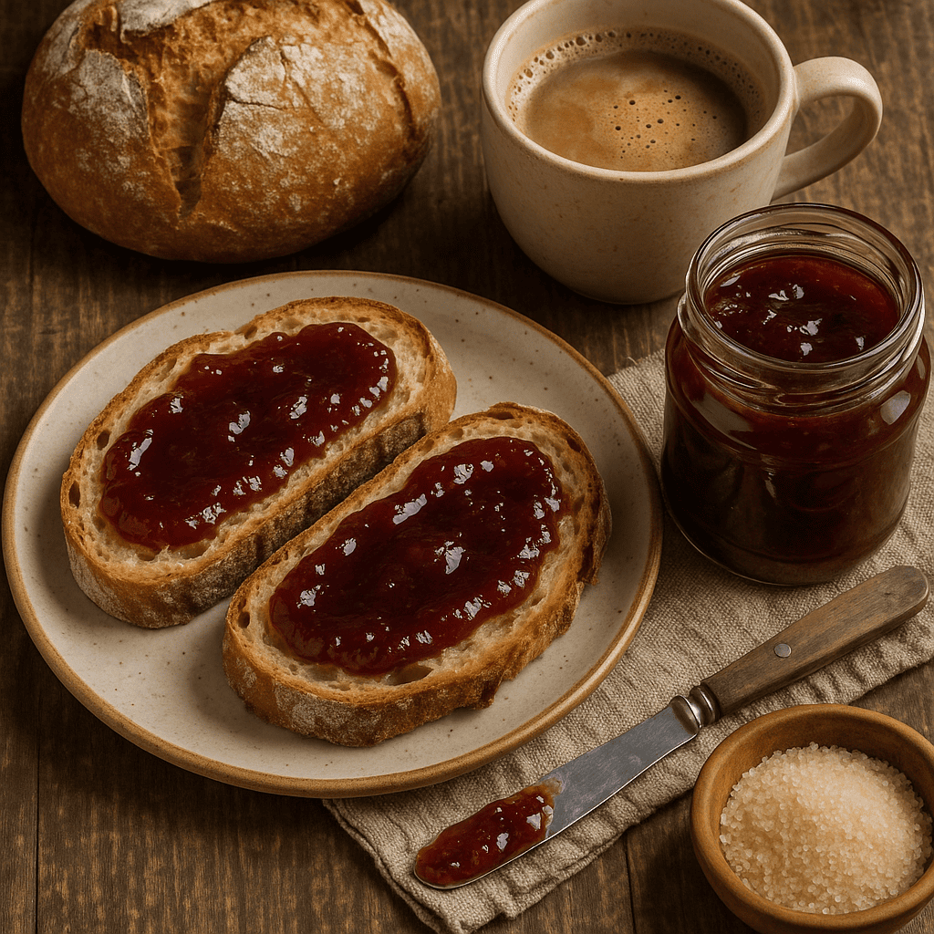 colazione con fette di pane e marmellata di ramassin