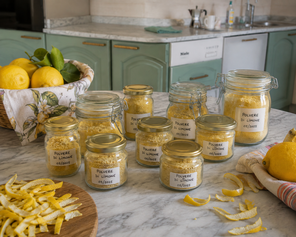 barattoli di polvere di limone fatto in caso