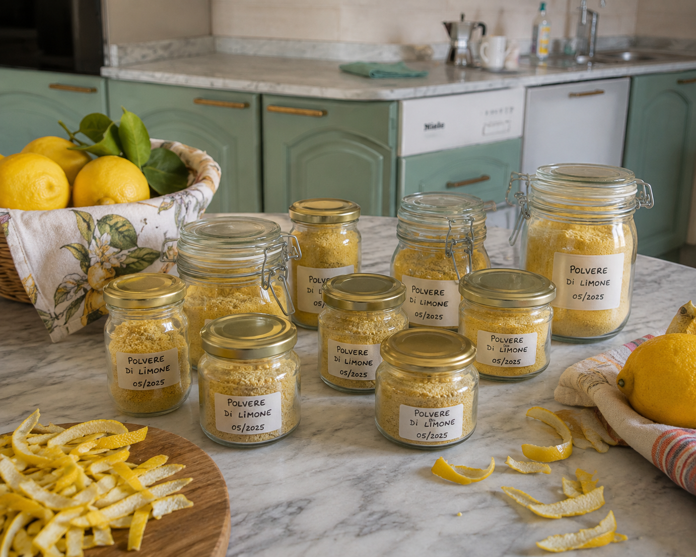 barattoli di polvere di limone fatto in caso