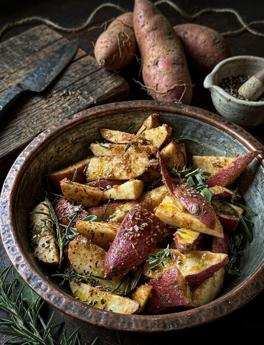 Batate rosse al forno con rosmarino, paprika dolce e pangrattato, tagliate a spicchi.