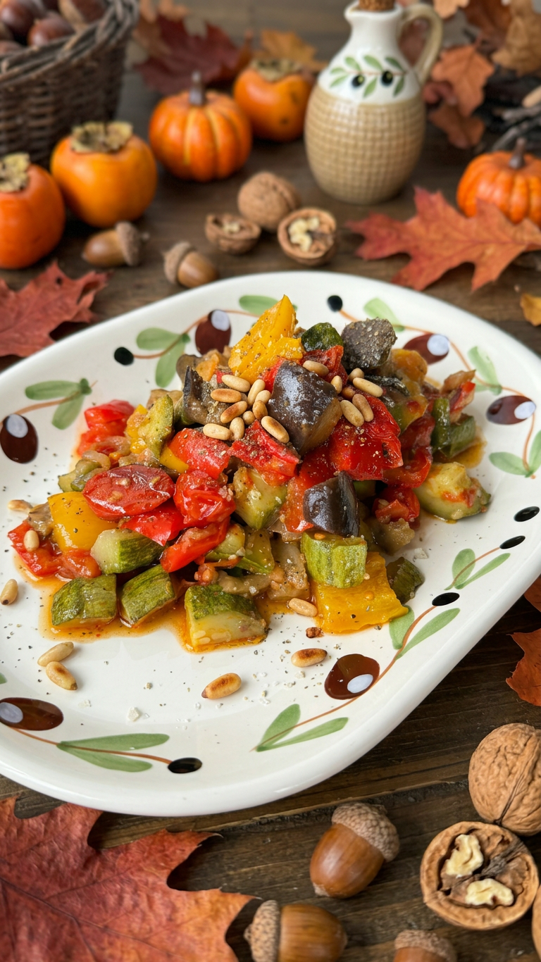 Caponata di ottobre con melanzane, zucchine, peperoni e pomodorini al forno, completata con capperi, pinoli tostati ed erbette aromatiche.