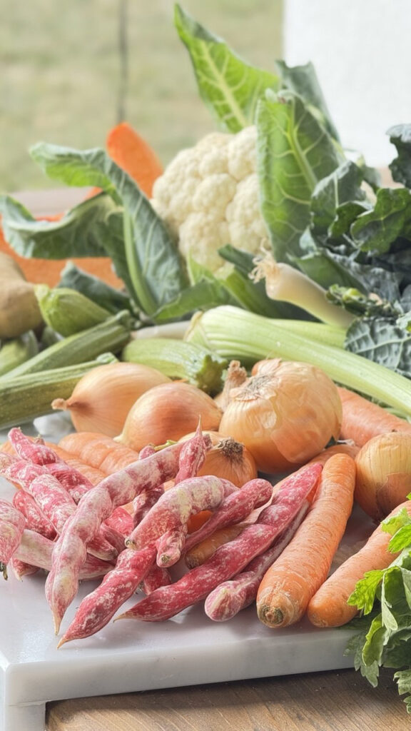 verdure di fine settembre per un minestrone su un tagliere di marmo